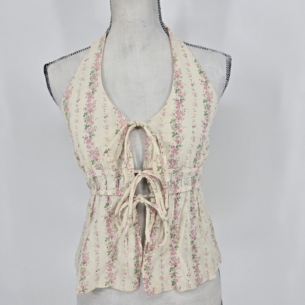 Kirious Floral Cottagecore Halter Blouse Tie Front Boho Feminine Medium
